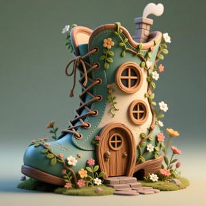 Può includere: Una casa stravagante a forma di stivale color verde acqua con suola marrone, adornata con fiori e viti. Lo stivale presenta una porta in legno, finestre rotonde e un camino con fumo, creando un'estetica da favola.