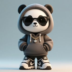 May include: A cartoon panda wearing a gray hoodie, black sunglasses, and a gold chain. The panda is also wearing black and white sneakers. The panda has black ears and is standing in front of a light blue background.