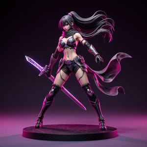 May include: A detailed figurine of a female warrior in a dynamic pose, holding a glowing purple sword. She wears black and silver armor, with long black hair and a flowing cape. The figure stands on a round black base.