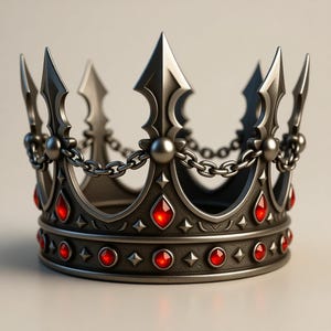 May include: A detailed, metallic crown with a dark grey finish. The crown features sharp, pointed elements and is adorned with red, gem-like accents. A chain detail connects the upper points of the crown.