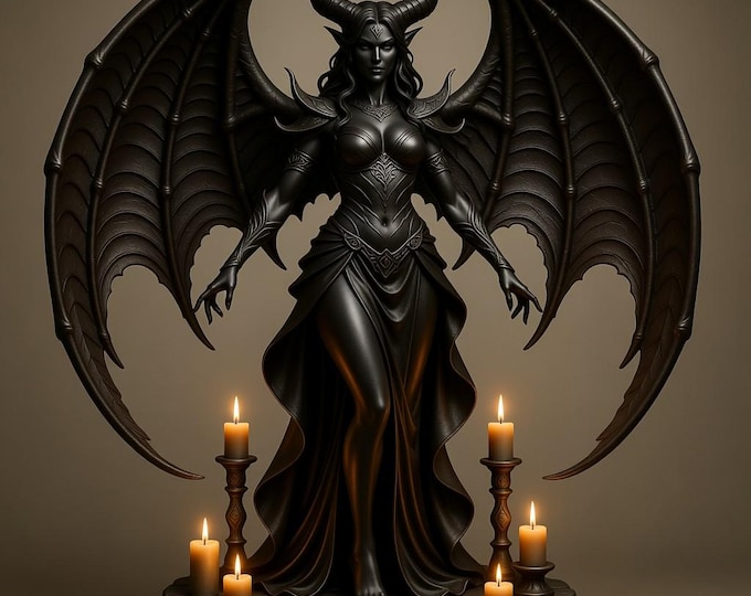 Dark Winged Demon Goddess STL – High-Detail Fantasy Female Statue for 3D Printing, Gothic Display Model