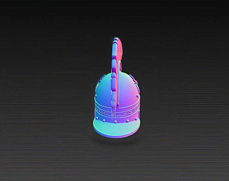 May include: A colorful, stylized helmet with a tall, curved crest. The helmet is primarily blue and purple, with a green base and pink accents. It features decorative details and rivets, set against a dark background.