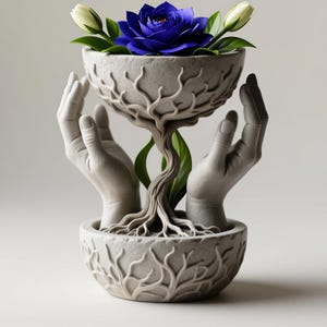 May include: A gray, sculptural vase featuring a tree-like structure and two hands cradling a bowl with a blue flower and white buds. The vase has a detailed, textured design, and green leaves add a natural touch.