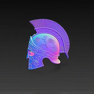 May include: A vibrant, iridescent Spartan helmet design in shades of blue, purple, and pink. The helmet features a crest, decorative details, and a central emblem. The background is a dark gray with horizontal lines.