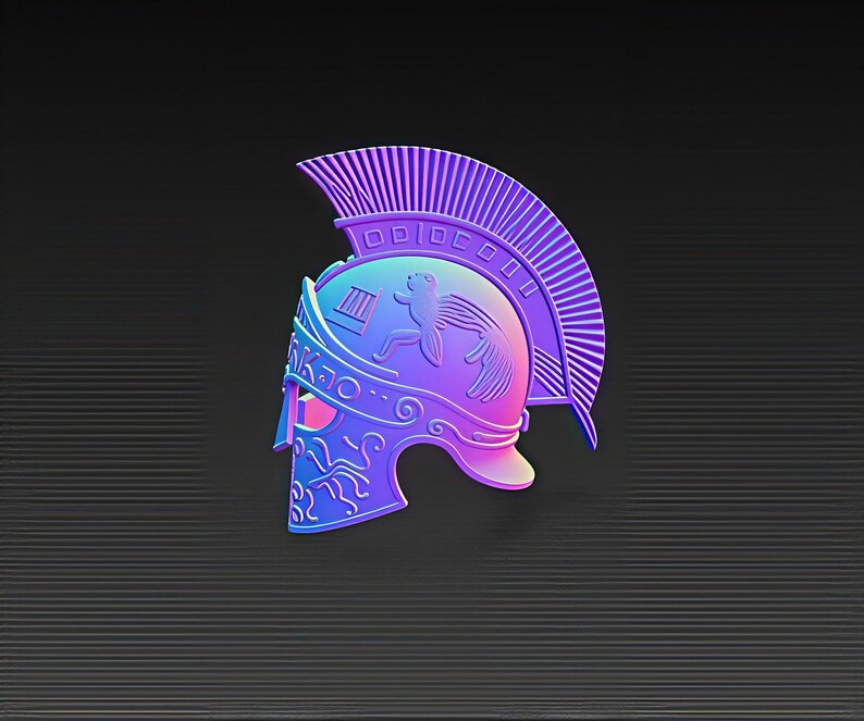 May include: A vibrant, iridescent Spartan helmet design in shades of blue, purple, and pink. The helmet features a crest, decorative details, and a central emblem. The background is a dark gray with horizontal lines.