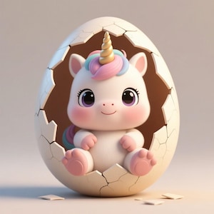 May include: A cute, cartoon-style unicorn with a golden horn, pink cheeks, and purple eyes sits inside a cracked eggshell. The unicorn has a white body, pink hooves, and a colorful mane. The eggshell is brown and white.
