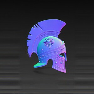May include: A stylized, three-dimensional rendering of a Roman helmet, predominantly in shades of blue and purple. The helmet features intricate detailing, including a crest, cheek guards, and decorative elements, set against a dark, textured background.