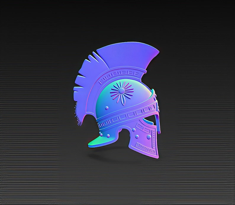 May include: A stylized, three-dimensional rendering of a Roman helmet, predominantly in shades of blue and purple. The helmet features intricate detailing, including a crest, cheek guards, and decorative elements, set against a dark, textured background.