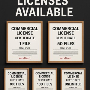 May include: A black background with the text "COMMERCIAL LICENSES AVAILABLE" in white. Six framed certificates are displayed, each with "COMMERCIAL LICENSE CERTIFICATE" and file quantities: 1, 50, 100, and Unlimited. The brand name "ecraftech" is also visible.