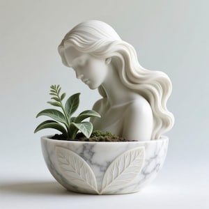 Könnte beinhalten: Eine weiße Marmorskulptur einer Frau mit langem, fließendem Haar, die auf eine kleine grüne Pflanze in einer Marmorschale blickt. Die Schale hat blattförmige Schnitzereien. Die Skulptur ist ein dekorativer Pflanztopf.