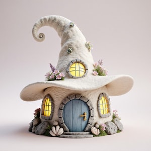 Op de afbeelding: Een grillig huisje in de vorm van een witte heksenhoed. Het heeft een blauwe deur, stenen details en ronde ramen met geel licht. Het huisje is versierd met bloemen en groen, rustend op een basis van stenen en schelpen.