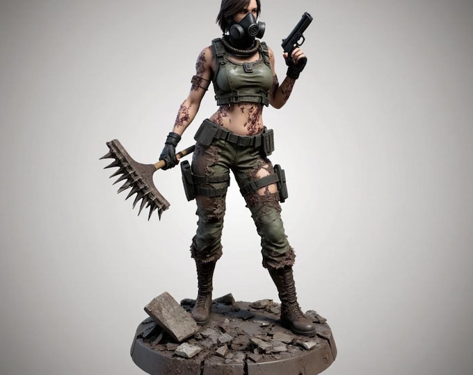 Post-Apocalyptic Survivor STL • 3D Printable Female Warrior with Gas Mask, Gun & Spiked Weapon