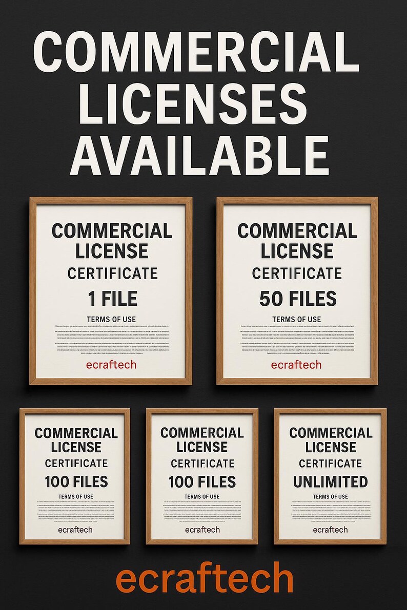 May include: A black background with the text "COMMERCIAL LICENSES AVAILABLE" in white. Six framed certificates are displayed, each with "COMMERCIAL LICENSE CERTIFICATE" and file quantities: 1, 50, 100, and Unlimited. The brand name "ecraftech" is also visible.