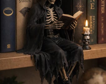 Estatueta gótica de esqueleto leitor, decoração sombria para prateleira, estatueta de livro da Morte impressa em 3D, estátua assustadora de biblioteca