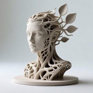 Peut inclure: Une sculpture crème représentant un buste humain avec des motifs organiques complexes. La tête présente un visage serein et est ornée de structures en forme de feuilles. Le cou et les épaules sont détaillés avec un réseau de lignes interconnectées.