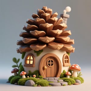 May include: A whimsical fairy house shaped like a pinecone. The house features a brown pinecone roof, a cream-colored base with arched windows and a wooden door. The scene includes mushrooms, moss, and a stone pathway, creating a miniature fantasy world.