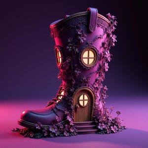 May include: A whimsical purple boot-shaped house with a wooden door, round windows, and floral accents. The boot has a lace-like trim and is adorned with climbing flowers. The house is set against a gradient purple background.