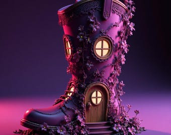 May include: A whimsical purple boot-shaped house with a wooden door, round windows, and floral accents. The boot has a lace-like trim and is adorned with climbing flowers. The house is set against a gradient purple background.