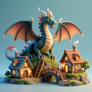 Könnte beinhalten: Eine fantasievolle Szene mit einem großen, türkisfarbenen Drachen mit orangefarbenen und rosa Flügeln, der über Miniaturhäusern thront. Die Häuser haben braune Dächer, leuchtende Fenster und sind durch eine Brücke und eine Leiter verbunden. Der Hintergrund ist hellblau.