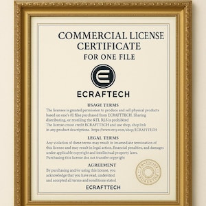 May include: A framed commercial license certificate with gold trim. The certificate includes the text "COMMERCIAL LICENSE CERTIFICATE FOR ONE FILE" and the ECRAFTECH logo. The document outlines usage and legal terms.