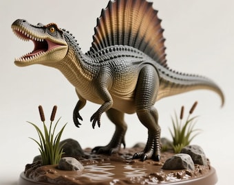 May include: A detailed Spinosaurus dinosaur figurine with a large, distinctive sail on its back. The figure is primarily gray, tan, and brown, with a detailed texture. It stands on a brown base with water and vegetation.