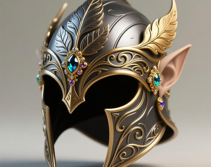 Elven Royal Helmet STL – Ornate Fantasy Armor Helmet Model for 3D Printing, Jewel-Encrusted Collectible