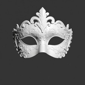 May include: A white, ornate masquerade mask with floral and scrollwork details. The mask features eye openings and a decorative crown-like element at the top. The design is symmetrical and elegant, suitable for costume parties or theatrical events.
