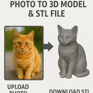 Może przedstawiać: Obraz przedstawiający konwersję zdjęcia pomarańczowego kota na model 3D. Tekst brzmi "Ecrafttech PHOTO TO 3D MODEL & STL FILE". Pod zdjęciem znajduje się "UPLOAD PHOTO", a pod modelem "DOWNLOAD STL".