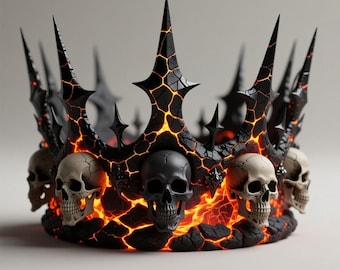 May include: A black and orange crown with a skull design. The crown features sharp spikes and skulls around the base. The crown has a cracked, lava-like texture with orange and black colors.