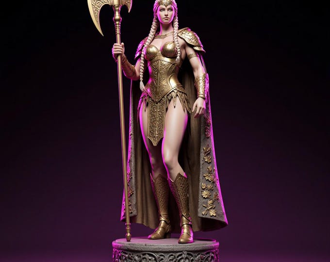 Golden Valkyrie Warrior STL – Epic Female Guardian 3D Model | Fantasy Warrior Statue by ECRAFTECH