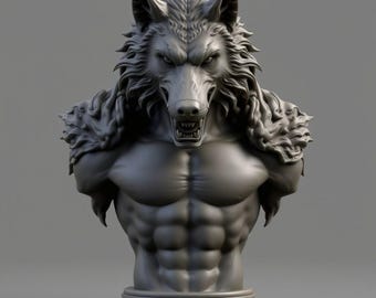 May include: A grey bust sculpture of a werewolf with a muscular torso and a fierce expression. The werewolf has detailed fur and sharp teeth, with a stone base. The sculpture is a detailed representation of a mythical creature.
