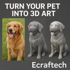 Może przedstawiać: Obraz przedstawiający psa Golden Retriever, model 3D w drucie i rzeźbę 3D psa. Tekst brzmi "TURN YOUR PET INTO 3D ART" i "Ecrafttech". Pies znajduje się na trawiastym terenie.