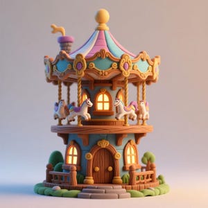 Könnte beinhalten: Ein skurriles Karussellmodell mit blauem, rosa und türkisem Farbschema. Das Karussell zeigt Miniatur-Weißpferde mit Regenbogenmähnen und -schwänzen. Die Struktur hat ein holzartiges Aussehen mit einem detaillierten Dach und dekorativen Akzenten.