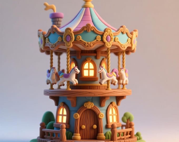 Unicorn Carousel House STL File • 3D Printable Fantasy Fairy Tale Home with Merry-Go-Round Design