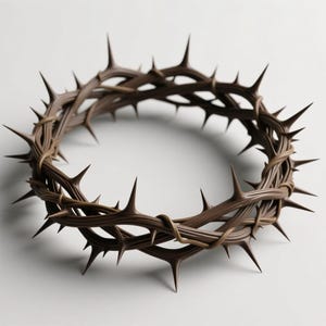 Op de afbeelding: Een gedetailleerde, bruine doornenkroon, een symbool met religieuze betekenis. De kroon is ingewikkeld geweven met scherpe, puntige doornen die naar buiten uitsteken. De afbeelding staat tegen een effen witte achtergrond, die de textuur en vorm van de kroon benadrukt.