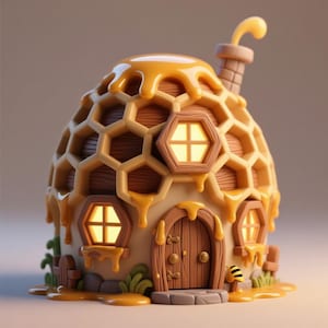 Puede incluir: Una casa caprichosa con temática de miel, con un techo en forma de panal y una puerta de madera. La casa presenta ventanas hexagonales con un brillo cálido y está adornada con acentos de miel goteando. Una pequeña chimenea y una pequeña abeja se suman al encanto.