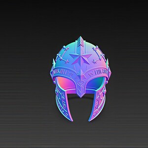 May include: A stylized, iridescent helmet with a star and cross design. The helmet is primarily blue and purple, with a metallic sheen. The design includes a star, crosses, and what appears to be a decorative inscription. The background is a dark gray, textured surface.