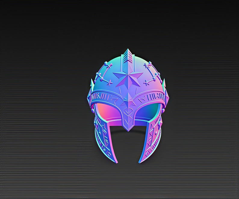 May include: A stylized, iridescent helmet with a star and cross design. The helmet is primarily blue and purple, with a metallic sheen. The design includes a star, crosses, and what appears to be a decorative inscription. The background is a dark gray, textured surface.