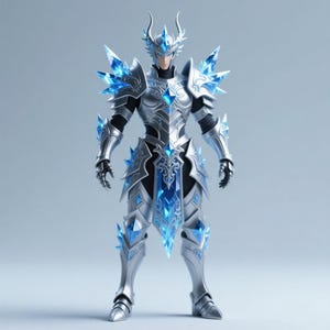 以下が含まれることがあります： 全身像の銀と青のファンタジーアーマーセット。アーマーは、肩、胸、脚に鋭いクリスタルのような青のアクセントを含む複雑なディテールが特徴です。ヘルメットは王冠のようなデザインです。フィギュアは明るい灰色の背景に立っています。