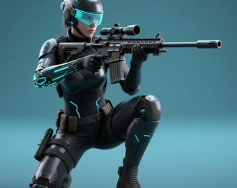 May include: A person in a futuristic black tactical suit, helmet, and visor, kneeling and aiming a black rifle with a scope. The suit has glowing blue accents. The background is a solid teal color.