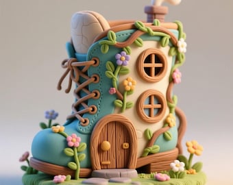 May include: A whimsical fairy house shaped like a blue boot with a wooden door and round windows. The boot is adorned with vines, flowers, and a chimney. The house sits on a green base with more flowers.