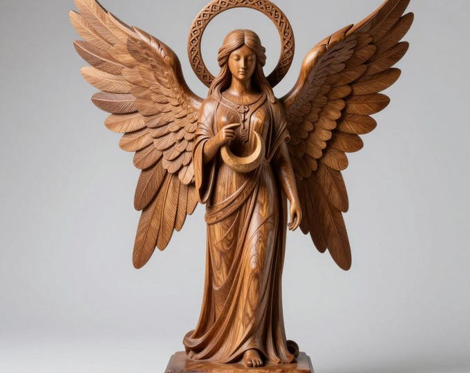 Angel Statue STL File | Winged Guardian with Moon Halo | Single-Piece One-Color 3D Print Model