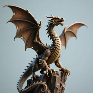 May include: A detailed sculpture of a dragon with outstretched wings, perched atop a rocky formation. The dragon features intricate scales, sharp claws, and a menacing expression. The wings are a darker shade of brown, contrasting with the lighter body.
