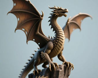 Op de afbeelding: Gedetailleerde sculptuur van een draak met uitgespreide vleugels, gezeten op een rotsformatie. De draak heeft ingewikkelde schubben, scherpe klauwen en een dreigende uitdrukking. De vleugels zijn een donkerdere bruintint, contrasterend met het lichtere lichaam.