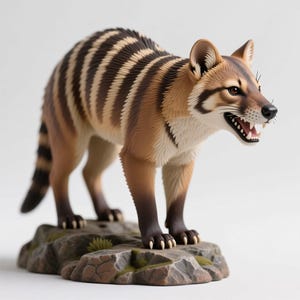 Op de afbeelding: Gedetailleerd beeldje van een buidelwolf, ook bekend als een Tasmaanse tijger, staand op een rotsachtige basis. Het model heeft een bruin en beige gestreepte rug, een beige lichaam en een gedetailleerd gezicht met zichtbare tanden. Verzamelaarsitem.
