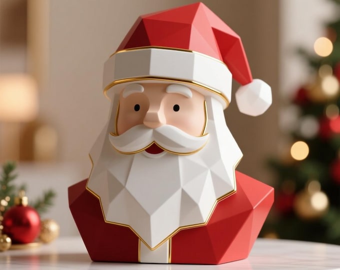 Low Poly Santa Claus STL – Modern Geometric Christmas Bust for 3D Printing, Festive Holiday Decor Model