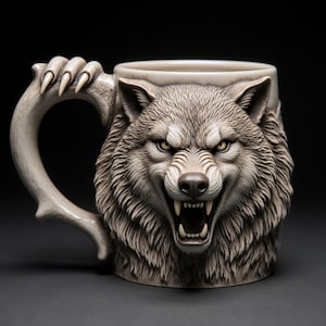 May include: A ceramic mug with a detailed wolf design. The mug features a snarling wolf face on the front and a handle shaped like a claw. The color is a muted gray with detailed fur and facial features. The mug is designed to hold hot or cold beverages.