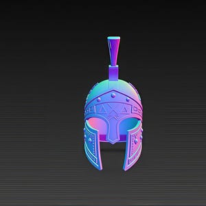 May include: A 3D-rendered, stylized helmet in shades of blue, purple, and pink. The helmet features a crest, cheek guards, and decorative elements. The design is reminiscent of ancient Greek or Roman helmets.