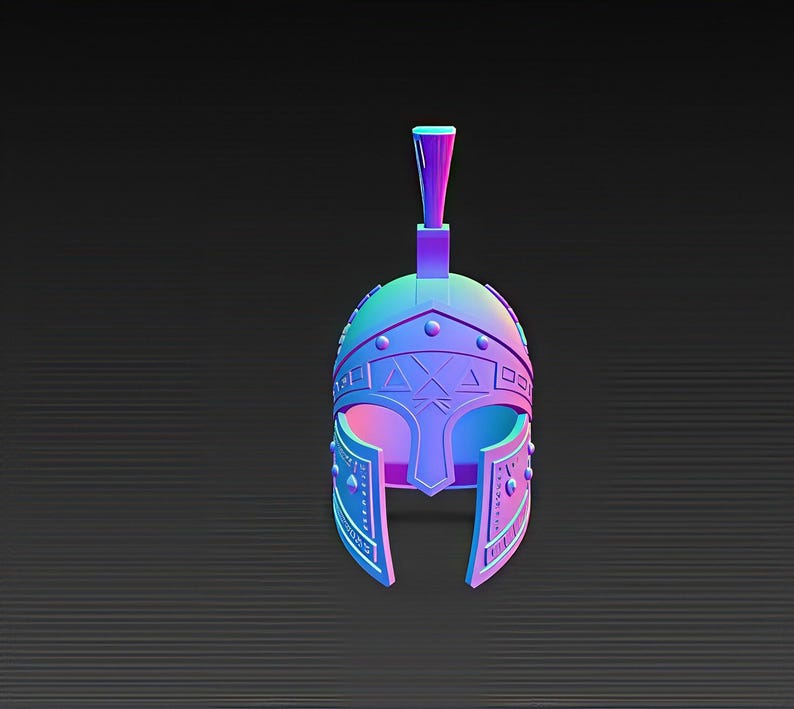 May include: A 3D-rendered, stylized helmet in shades of blue, purple, and pink. The helmet features a crest, cheek guards, and decorative elements. The design is reminiscent of ancient Greek or Roman helmets.