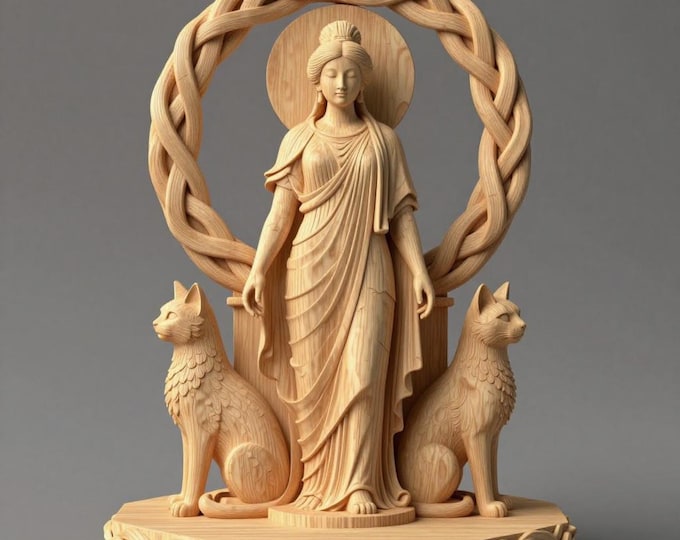 Celtic Goddess Statue with Cats | 3D Print Model (STL File)